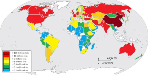 Figure I-1:Country map of bread wheat cultivation in 2012, in millions tons (based on FAO (2014a)) 