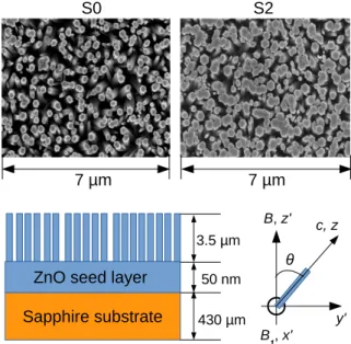 Figure 1: (color online) Top: SEM imaging of pure (S0) and cobalt-doped (S2) NRs. Bottom: schematic of the NRs samples and definition of the angle θ between the magnetic field B and the c-axis of the NRs