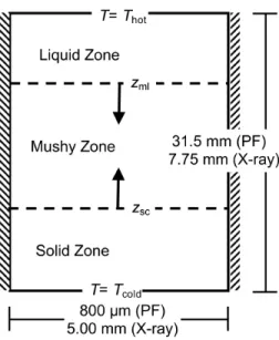 Figure 1: Schematic of the volume average model domain showing the three regions of interest (solid, liquid, mushy), along with the two mobile interfaces (solid-crust (z sc ) and mushy-liquid (z ml ))