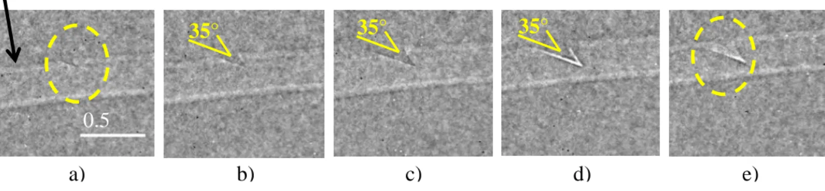 Fig. 4: Image sequence showing the evolution of a typical facetted/facetted groove at the solid-liquid interface  during  directional  solidification  of  the  FZ <100>   Si  sample