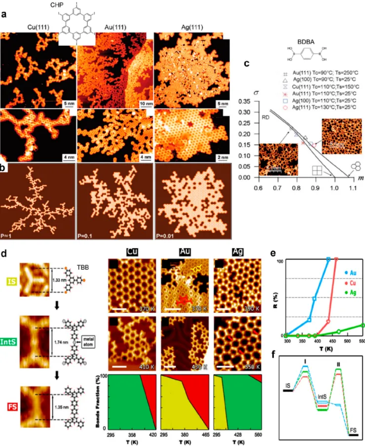 Figure 17. Inﬂuence of the substrate nature. (a, b) Comparison of the formation of nanoporous graphene polymer from CHP precursor on Cu(111), Au(111), and Ag(111) surfaces