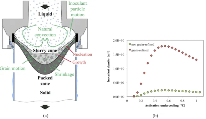 Figure  4:  Phenomena  involved  in  the  formation  of  the  microstructure.  (a)  Transport  phenomena  involved  in  the  formation  of  the  microstructure  and  coupling  with  microscopic  phenomena
