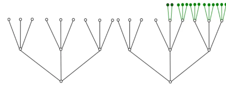 Fig. 5. Here, N,the maximal number of children a branch may have, is equal to 3. If we want to construct a tree with m  ex-tremities (in this example m = 18), then one way it can be done is by starting from tree of height H (in our example, H = 3) maximizi