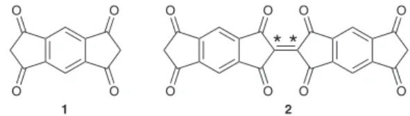 Figure 1 | INDO 4 molecule. Schematic representation of s-indacene- s-indacene-1,3,5,7(2H,6H)-tetrone (INDO 4 , 1) 46 and related dimer (2).