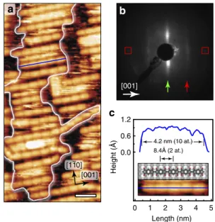 Figure 5 | First polymerization steps. Deposition of INDO 4 on a substrate kept at 300 °C lead to the formation of parallel rows composed of single isolated molecules, head-to-head covalently bonded dimers and trimers that are all oriented along [001] dire