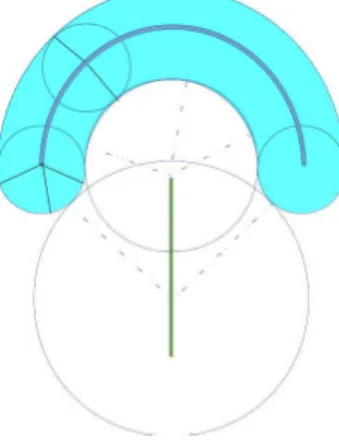 Figure 1: A set, its inner medial axis (blue) and its outer medial axis (green). Some points of the medial axis are presented together with some of there projection onto the boundary