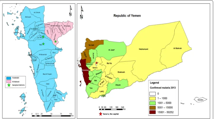 Fig. 1  Map showing study area (Hodeidah and Al‑Mahwit provinces) and the incidence of malaria in Yemen in 2013