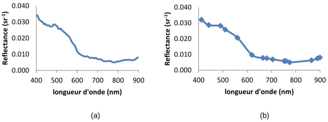 Figure 4 : Spectre d’une surface d’eau acquise avec un capteur hyperspectral   (HICO, 87 bandes, figure a) et avec un capteur multispectral (MERIS, 15 bandes, figure b)
