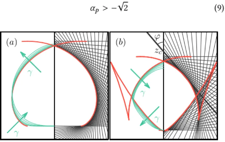 Figure 4. Attracting shapes obtained for different values of γ : γ = 0.04, 0.02, 0.01, 0.005 and 0.0025, with α д = α p = 0 (a) and α д = 0.8, α p = − 1 (b)