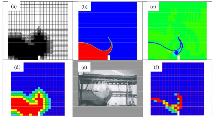 FIG. 2 – Dambreak with block remeshing at t=0.2s. (a) Mesh; (b) Density (air-blue, water-red); (c) Density  of numerical entropy production (equation (2): green-zero, blue-negative values); (d) Mesh refinement level 