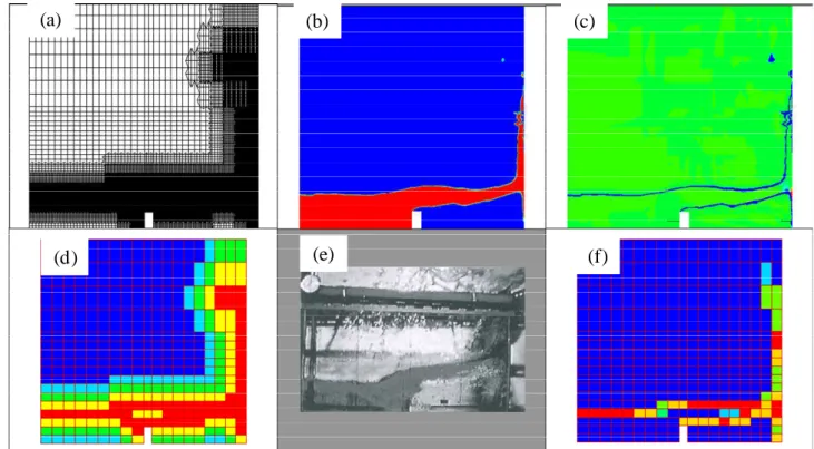FIG. 3 – Dambreak with block remeshing at t=0.4s. (a) Mesh; (b) Density (air-blue, water-red); (c) Density  of numerical entropy production (equation (2): green-zero, blue-negative values); (d) Mesh refinement level 