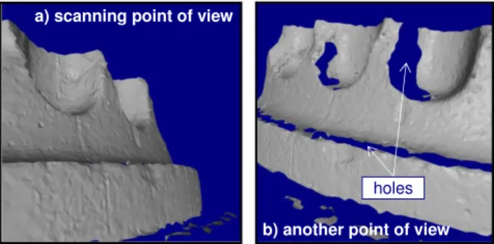 Figure 1: Example of holes (b) resulting from the acqui- acqui-sition of an object from a single point of view (a).