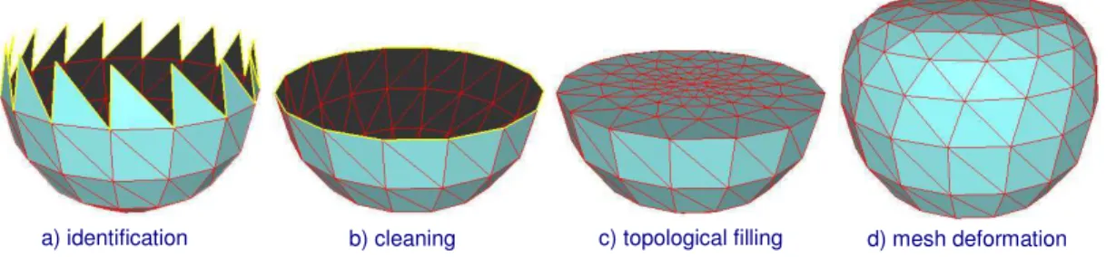 Figure 2: Overall filling process on a simple example: after the identification and cleaning of the hole contour, the missing area is filled in with a topological grid whose final shape results from a deformation process.