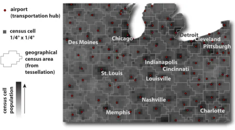 Figure 4.1: Population database and Voronoi tessellation around main tranportation hubs
