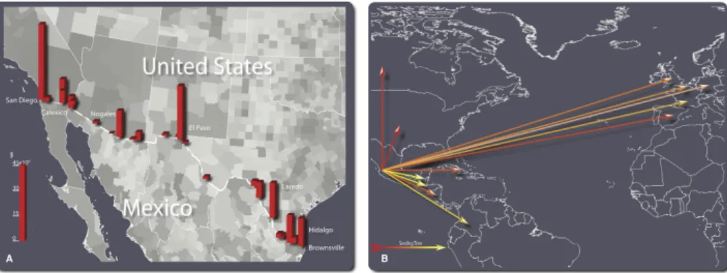 Figure 5.1: Illustration of the model’s initialization. (A) Intensity of the commuting between US and Mexico at the border of the two countries