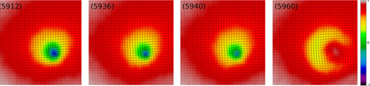 FIG. 2. (Color online) Magnetization field near the skyrmion core at the topological change (at time t ≈ 5936)