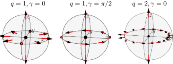 FIG. 1. (Color online) Three kinds of BPs depending on the vorticity q and the phase in the azimuthal coordinate γ.