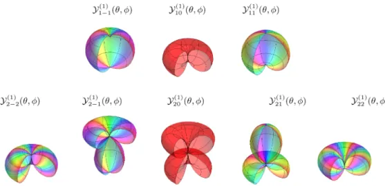 FIG. 3. (Color online) Angular dependence of the eigenfunctions Eq. (9) for q = 1, for different (l,m) modes, and polar plot of the absolute value |Y lm (q) (θ,φ) | with, in color, their argument.