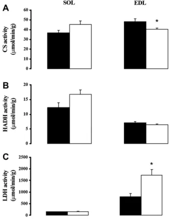 Figure 2. (A) CS activity in oxidative muscle: soleus (SOL) and glycolytic muscle: extensor digitorum longus (EDL) in sham-exposed (-; n 5 6) and SMF exposed rats (,; n 5 6); (B) HADH activity and (C) LDH activity