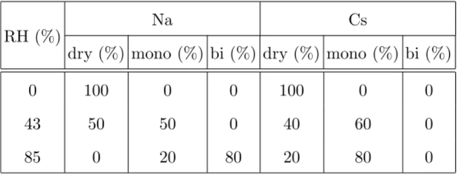 TABLE III: Proportion of hydration states: dry (1-2 water molecules per cation), monolayer (6-7) and bilayer (12-14) as a function of the relative humidity (RH) of the atmosphere in equilibrium with the clay