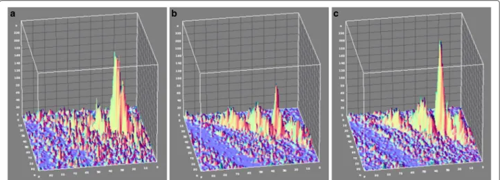 Fig. 4 Influence of the multiscale: topographic close up around a maximum in the (θ , ρ) space for the 1-to-1 line DHT, using one single fine scale (a): σ = 1.0, one single coarse scale (b): σ = 4.0 and three scales (c): σ ∈ { 1.0, 2.0, 4.0 }
