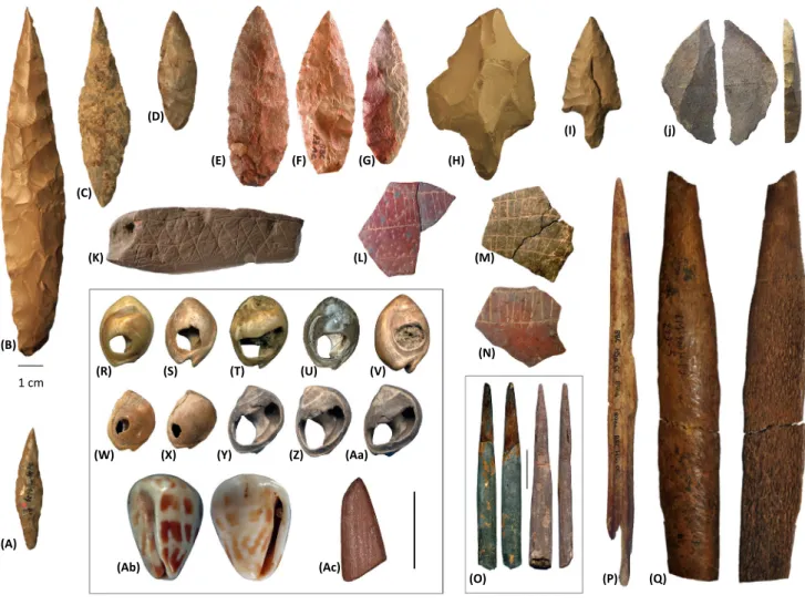 Figure 2. Middle Stone Age Cultural Artefacts. (A – D) Bifacial foliates from northern Africa (A, Mugharet el Aliya; B – D, Adrar Bous)