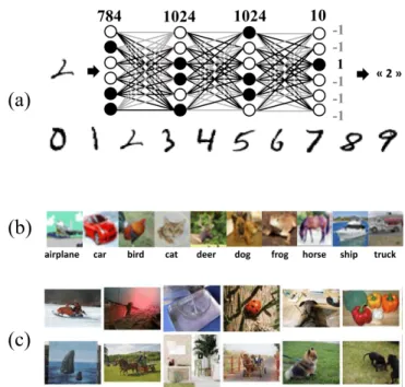 Fig. 1. (a) Fully connected neural network used for the MNIST task, and example of MNIST dataset images