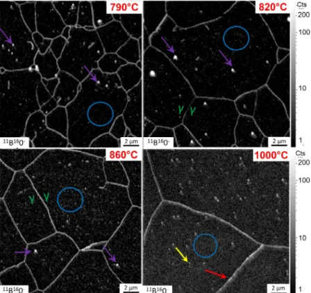 Fig. 2. BO  − nano-SIMS map showing B segregation at prior austenite grain boundaries, B in intragranular precipitates (purple and yellow arrows) and the presence of  B at  grain boundaries  (red  arrow)