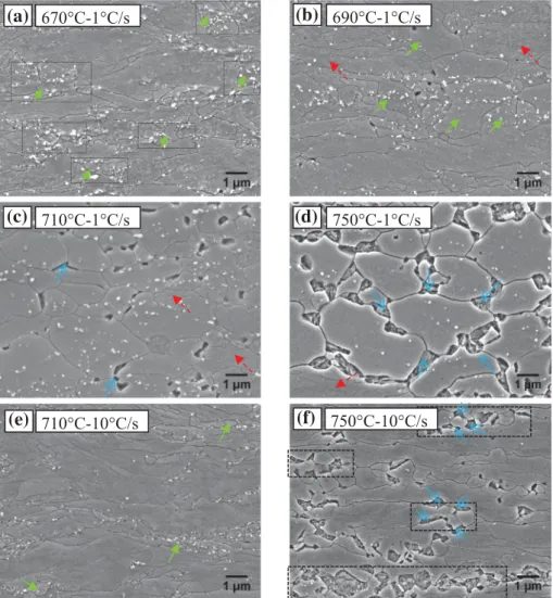 Fig. 6. Microstructures obtained at the end of heating at 1 °C/s at (a) 670 °C (b) 690 °C (c) 710 °C (d) 750 °C and at the end of heating at 10 °C/s at (e) 710 °C and (f) 750 °C (SEM-FEG)