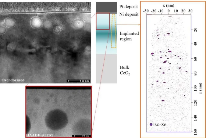 Figure 3: Annealed condition 1300°C for 4 hours (a) TEM observations in over-focused conditions (b)  HAADF-STEM image of the top layer of the implanted zone  (c) APT 3-D reconstructed volume with  iso-concentration of Xe (threshold = 1,3at% Xe, mean concen