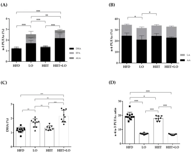 Figure 3. Fatty acid composition in erythrocytes from the four groups: HFD (n = 12), LO (n = 11), HIIT (n = 8), and HIIT+LO  (n = 9)