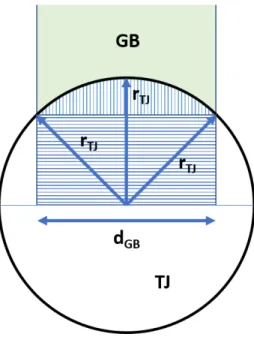 Figure A.8: Visualization of single GB fraction in TJ cylinder (no GB overlap). The area of a single GB in the TJ projected along the TJ axis is the sum of the horizontally stripped rectangular area A rect and the vertically stripped arc area A arc .