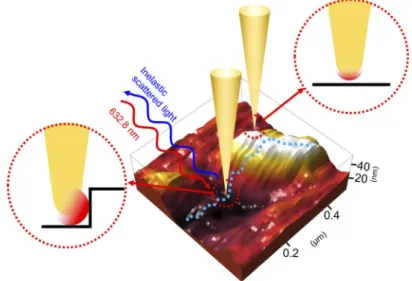 Fig. 1. 3D representation of the displacement of the gold tip during the mapping of the LSPR position on SrTiO 3 nanostructures by aSNOM in TERS configuration.
