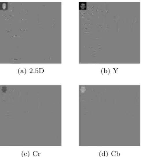 Fig. 3: Level-3 DWT domain images: a) Depth map after the application of lossless DWT, b-d) Components of the transformed 2D face image from the lossless JPEG2000 coding pipeline.