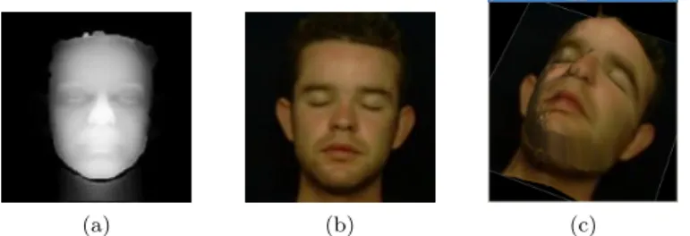 Fig. 2: Original data: a) 120 × 120 depth map (2.5D), b) The corresponding 120 × 120 2D face image, c) A 3D face view obtained from (a) and (b)