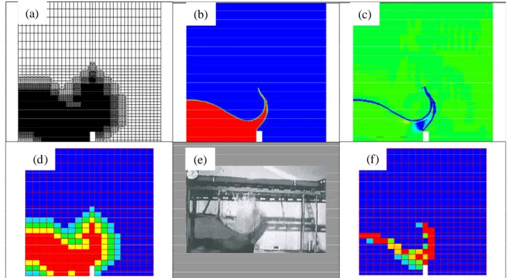 FIG. 2 – Dambreak with block remeshing at t=0.2s. (a) Mesh; (b) Density (air-blue, water-red); (c) Density  of numerical entropy production (equation (2): green-zero, blue-negative values); (d) Mesh refinement level 