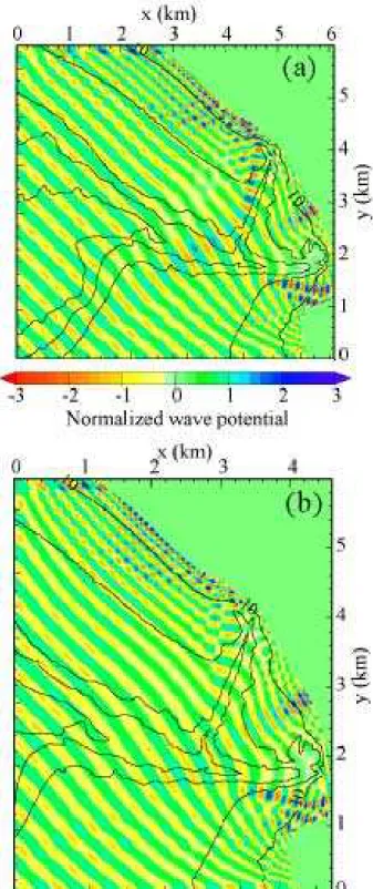 Figure 8. Computational domain for (a) T > 15 s, and (b) T ≤ 15 s. Also shown are the NTUA5 solutions for the real part of the wave potential amplitude for waves arriving from 270 ◦ with periods (a) T = 16 s, and (b) T = 15 s, superimposed on the 10, 30