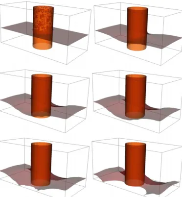 Fig. 3. Erosion around a bridge pier at t = 0, 1 . 9 × 10 7 , 4 . 2 × 10 7 , 5 . 5 × 10 7 , 6 