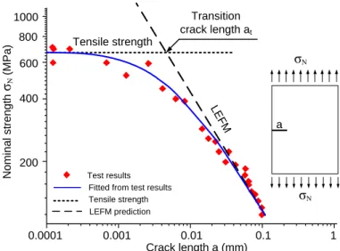 Figure 2. Nominal strengths versus crack length in SiC (modified from [12]).