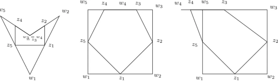 Figure 4: Degenerate dedal polygons: loss of a vertex, angle π, and angle 2π.