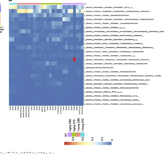 Figure 2. Impact of OBD and aging on distribution of microbiota taxa. A) Relative abundance by Kruskal-Wallis (KW) mean of the top bacterial phyla
