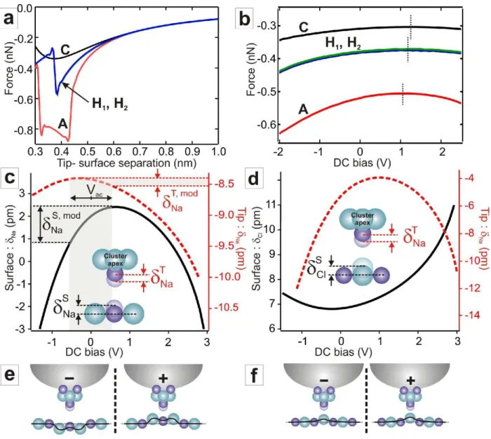 FIG. 2: (Color online) a- Force vs. distance curves measured above the four sites at V dc = 0 V.