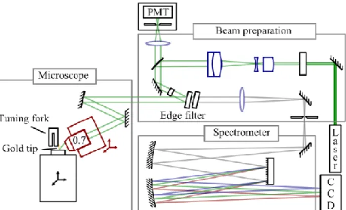 Figure  1:  Experimental  setup  of  the  near  field  scanning  optical  microscope.  It  is  based  on  a  Tuning  Fork AFM optically coupled to a laser excitation and a spectrometer through a side illumination