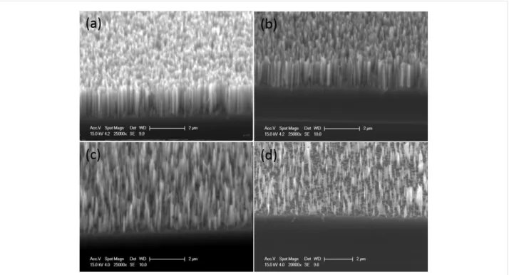 Figure 1: Tilted-view, SEM observations of SiNW samples without tapering (a) and for different tapering times: (b) 10 s, (c) 30 s, (d) 50 s.