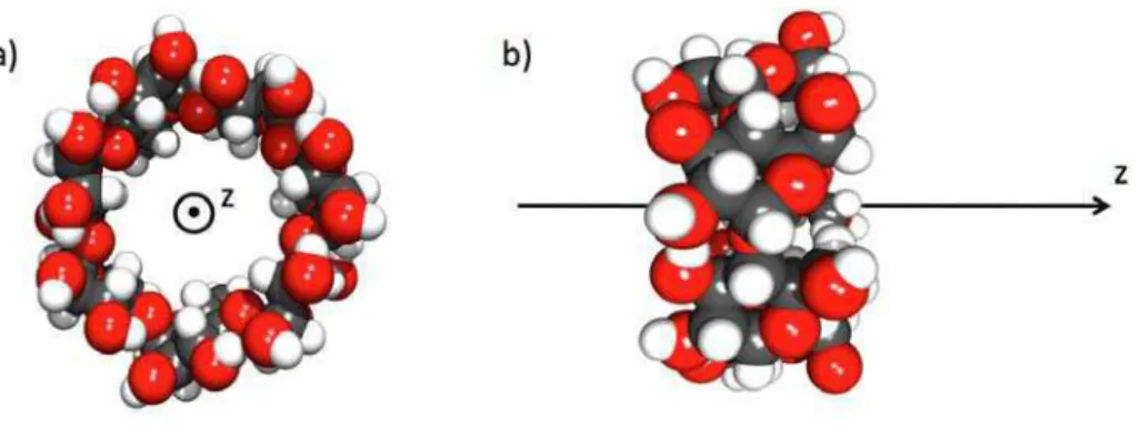 Figure 1.11 – G´eom´etrie de la β -cyclodextrine a) vue de dessus et b) vue de cˆot´e.