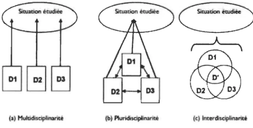 Figure  1:  Description  schématique  de  la  muItidisciplinarité ,  de  la  pluridisciplinarité et de  l' interdisciplinarité (Delsrieys-Pedregosa et al