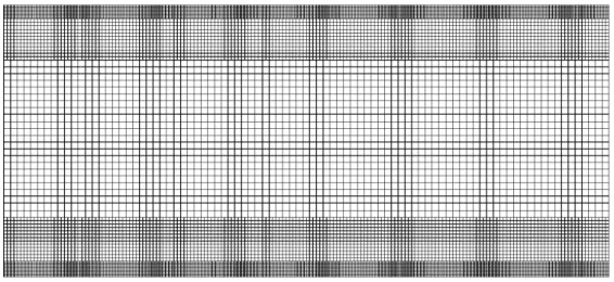 FIG. 9: Sketch of the grid at Re τ = 395. Three refinement levels are used. The lattice spacing is ∆y + ≈ 5 near the walls and is coarsened successively by a factor two