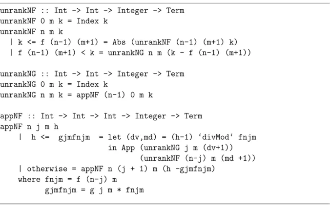 Figure 7: Haskell program for normal form unranking