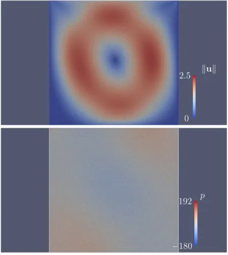 Figure 3: Solution of the stationary Oldroyd model for the driven cavity problem with Re = 10.0, r = 0.5, a = 0, We = 1.0, D = 0.0: (t.) Norm of the velocity field, (b.) pressure field.