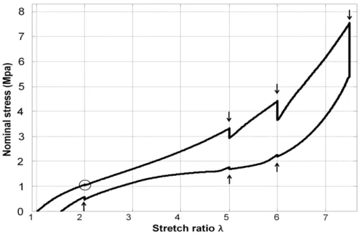 Figure 8: Relaxation test 2: Nominal stress versus stretch ratio and heat source  versus time